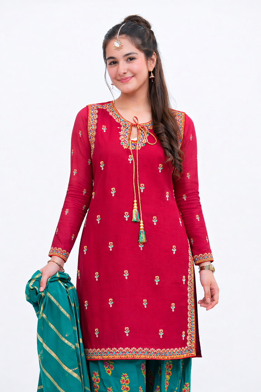 Girls Eid Dress | Shocking Pink & Turquoise Green | Formal 3 Piece Suit | Viscose Crinkle Chiffon | GDD-03344