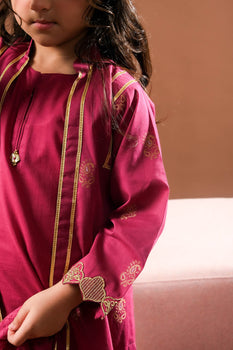 Kids Eid Dress | Magenta & Gold | Casual Plus 3 Piece Suit | Cotton Jacquard | KBD-03383