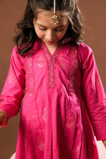 Kids Eid Dress | Shocking Pink | Casual Plus 3 Piece Suit | Cotton Glitter Printed | KBD-03391