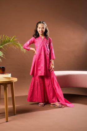 Kids Eid Dress | Shocking Pink | Casual Plus 3 Piece Suit | Cotton Glitter Printed | KBD-03391