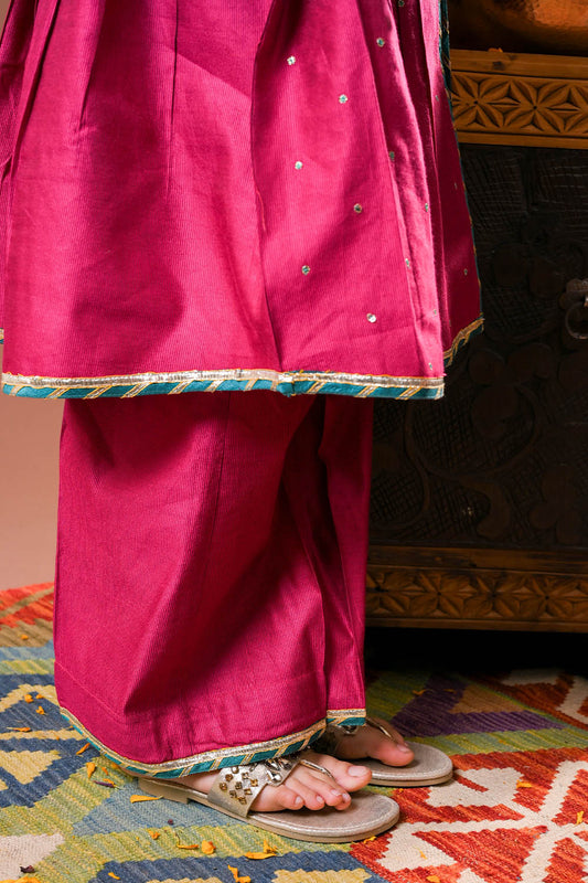 Kids formal clothes | Shocking Pink & Multicolor | Formal 3 Piece Suit | Viscose Chambray Katan | KDD-03234