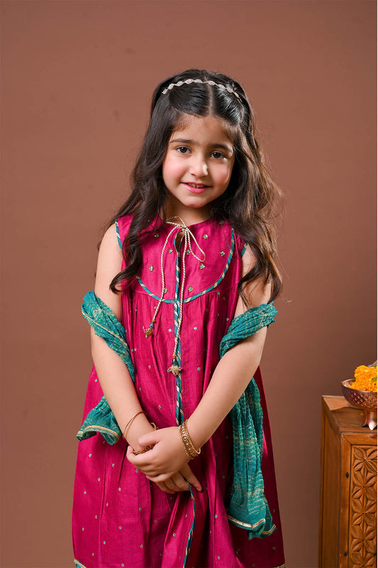 Kids formal clothes | Shocking Pink & Multicolor | Formal 3 Piece Suit | Viscose Chambray Katan | KDD-03234