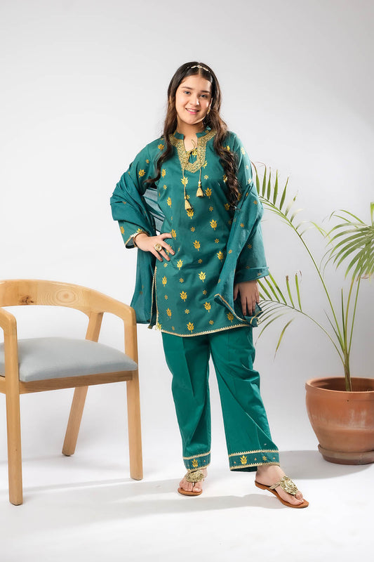 Girls Eid Dress | Green & Gold | Casual Plus 3 Piece Suit  | Cotton Glitter Printed | GBD-03392