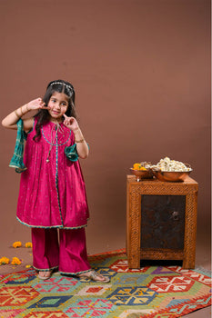 Kids formal clothes | Shocking Pink & Multicolor | Formal 3 Piece Suit | Viscose Chambray Katan | KDD-03234