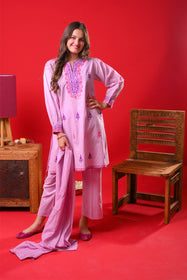 Girls Eid Dress | Purple & Multicolor | Casual Plus 3 Piece Suit | Cotton Plain | GBD-03333