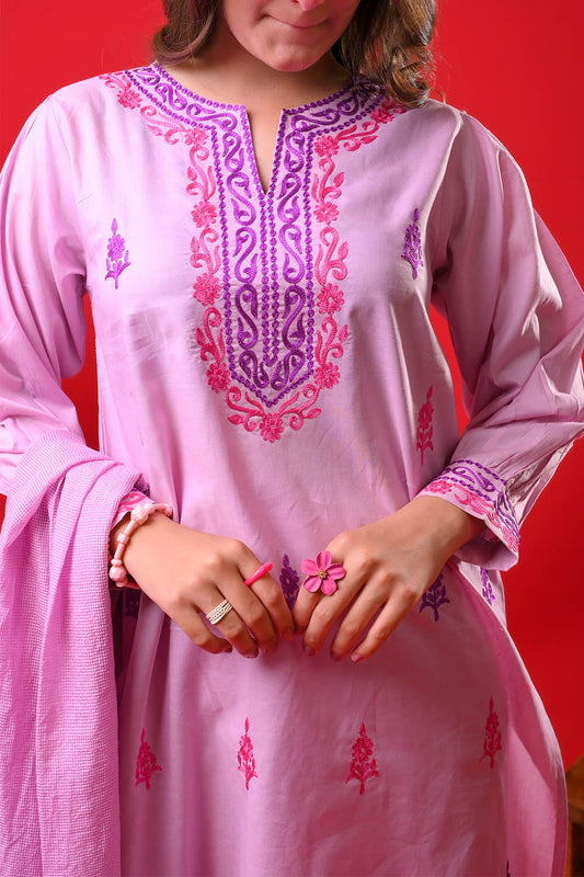 Girls Eid Dress | Purple & Multicolor | Casual Plus 3 Piece Suit | Cotton Plain | GBD-03333