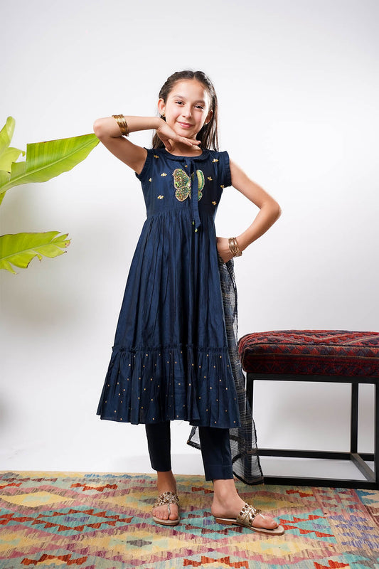 Kids formal clothes | Navy Blue & Gold | Formal 3 Piece Suit | Viscose Chambray Katan | KDD-03236