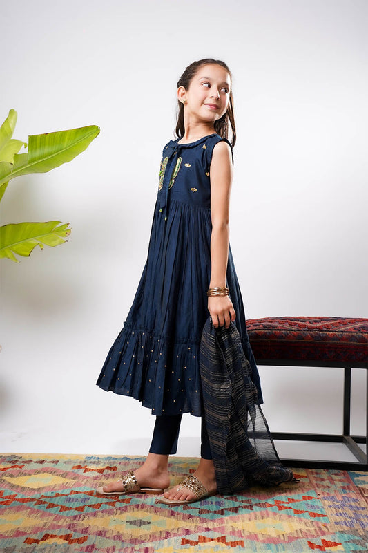 Kids formal clothes | Navy Blue & Gold | Formal 3 Piece Suit | Viscose Chambray Katan | KDD-03236
