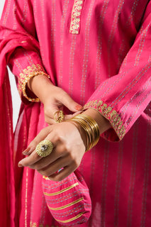 Girls Eid Dress | Shocking Pink & Multicolor | Casual Plus 3 Piece Suit  | Cotton Dobby | GBD-03384