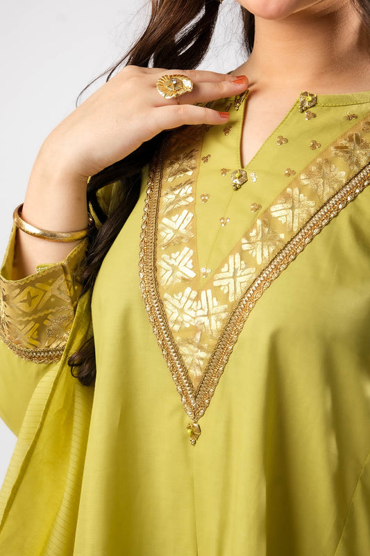 Girls Eid Dress | Perot Green & Gold | Casual Plus 3 Piece Suit  | Cotton Foil Printed | GBD-03399