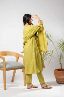 Girls Eid Dress | Perot Green & Gold | Casual Plus 3 Piece Suit  | Cotton Foil Printed | GBD-03399
