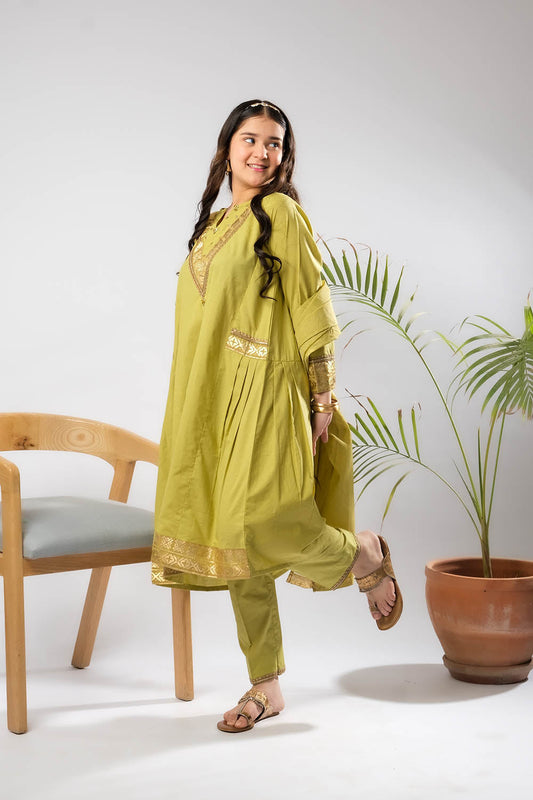 Girls Eid Dress | Perot Green & Gold | Casual Plus 3 Piece Suit  | Cotton Foil Printed | GBD-03399