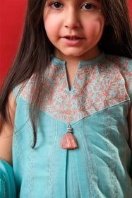 Kids Eid Dress | S.Green& Multicolor | Casual Plus 3 Piece Suit | Cotton Dobby | KBD-03312