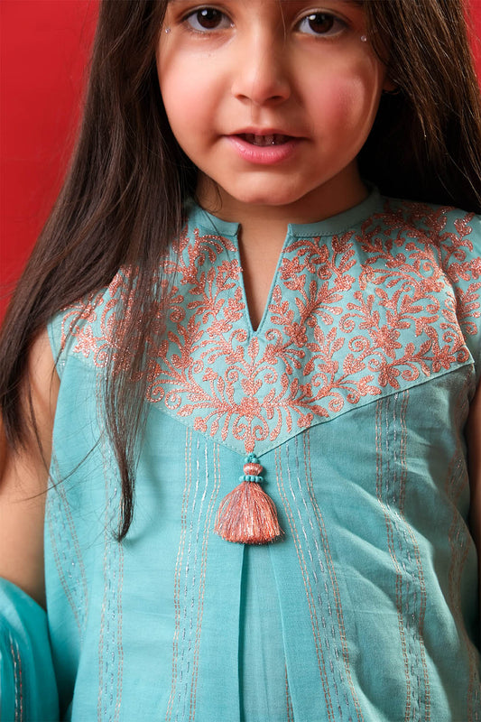 Kids Eid Dress | S.Green& Multicolor | Casual Plus 3 Piece Suit | Cotton Dobby | KBD-03312