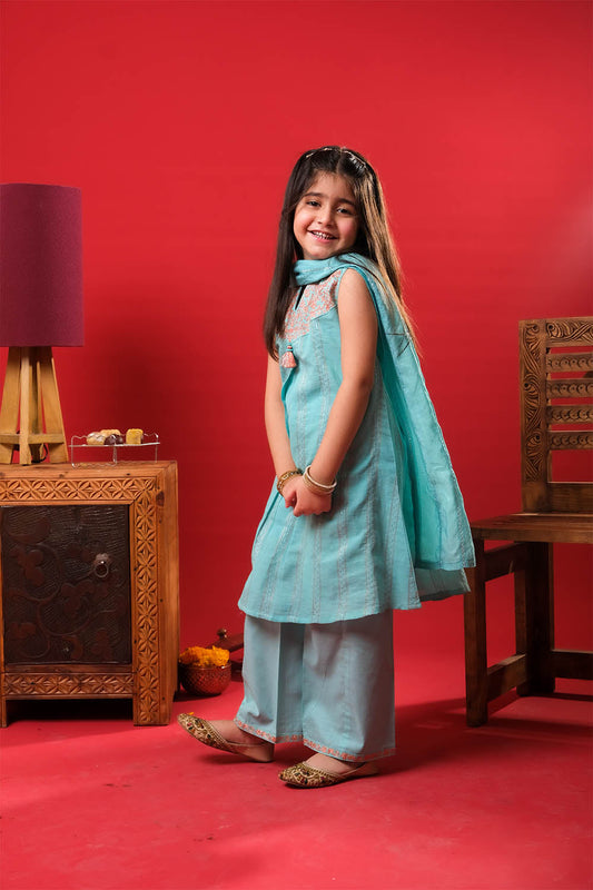 Kids Eid Dress | S.Green& Multicolor | Casual Plus 3 Piece Suit | Cotton Dobby | KBD-03312