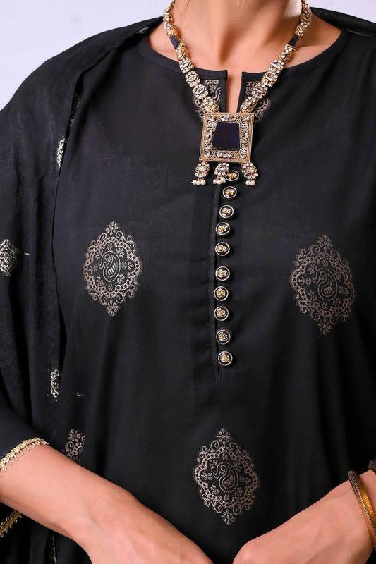 Women Eid Dress | Black & Gold | Casual Plus 3 Piece Suit | Cotton Jacquard | LBD-03375