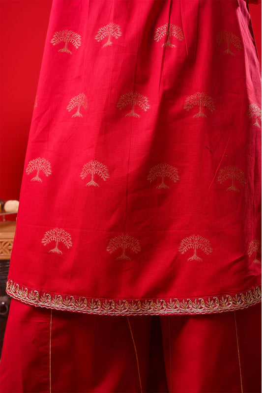 Girls Eid Dress | Red & Gold | Casual Plus 3 Piece Suit  | Cotton Jacquard | GBD-03374