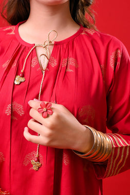 Girls Eid Dress | Red & Gold | Casual Plus 3 Piece Suit  | Cotton Jacquard | GBD-03374