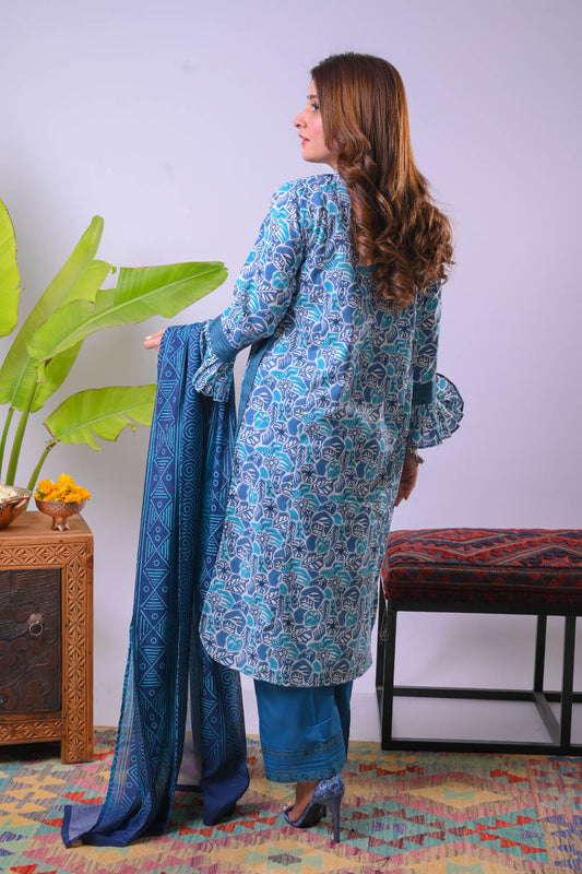 Women Eid Dress | Blue & Multicolor | Casual 3 Piece Suit | Cotton Lawn Printed | LAD-03364