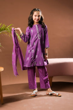 Kids Eid Dress | Purple & Silver | Casual Plus 3 Piece Suit | Cotton Glitter Printed | KBD-03390