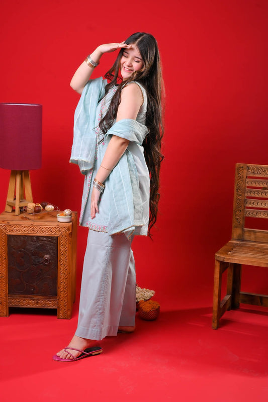 Girls Eid Dress | Sea Green & Multicolor | Casual Plus 3 Piece Suit | Cotton Plain | GBD-03332