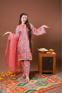 Girls formal clothes | Digital Print & Multicolor | Formal 3 Piece Suit  | Polyester Tussar Silk | GDD-03258