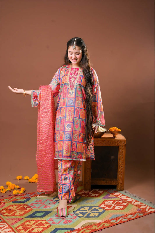 Girls formal clothes | Digital Print & Multicolor | Formal 3 Piece Suit  | Polyester Tussar Silk | GDD-03258