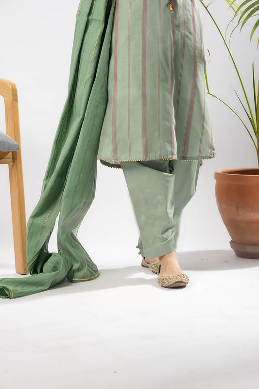 Women Eid Dress | Sea Green & Multicolor | Casual Plus 3 Piece Suit | Cotton Dobby Gold | LBD-03404