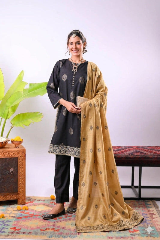 Women Eid Dress | Black & Gold | Casual Plus 3 Piece Suit | Cotton Jacquard | LBD-03375