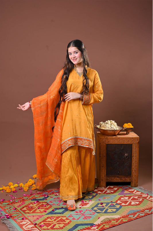 Girls formal clothes | Mustard & Gold | Formal 3 Piece Suit  | Viscose Raw-Silk | GDD-03153
